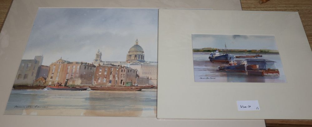 Dennis John Hanceri (1928-2011), two watercolours, St Pauls from the river and Tug boats, both signed, 33 x 51cm and 15 x 23cm, both u
